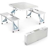 VINGLI 4Ft Folding Camping Picnic Table with Seats/Umbrella Hole-265 Lbs Support that Lightweight and Fold Up Card Suitcase T