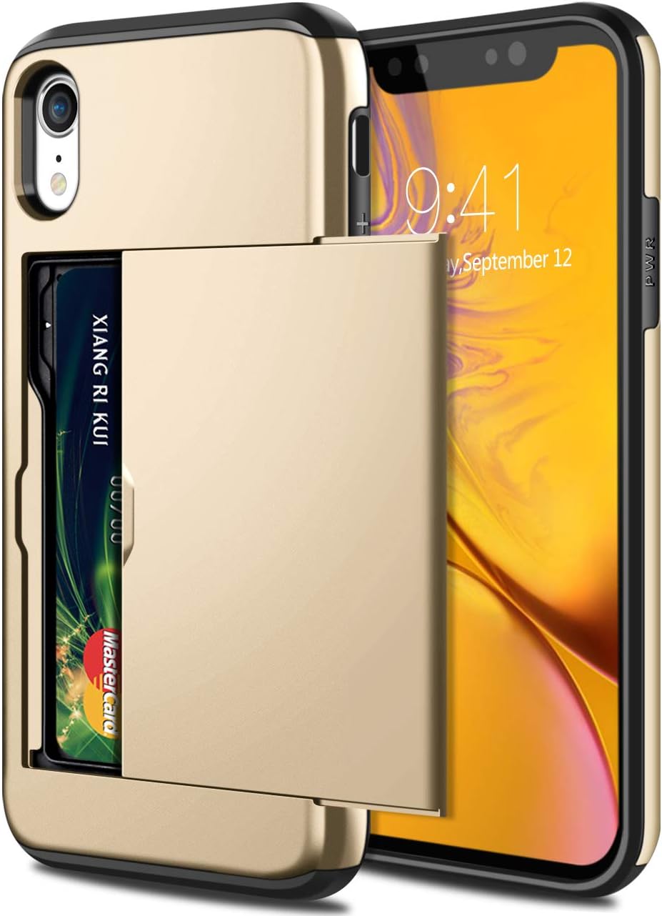 SAMONPOW Case for iPhone XR Hybrid iPhone XR Wallet Case Card Holder Shell Heavy Duty Protection Anti Scratch Dual Layer Hard PC Soft Rubber Bumper Cover for iPhone XR 6.1 inch Gold