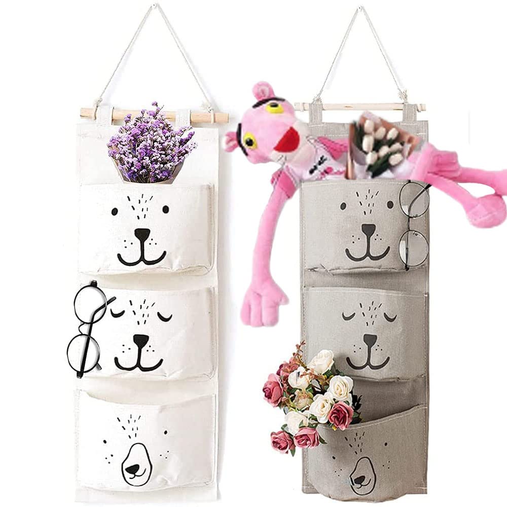 YANJINGHE Pack of 2 Wall Hanging Bag, Hanging Organiser, Waterproof Canvas Bag, Hanging Storage Bag, Hanging Bag, Storage Bag with 3 Pockets, for Children's Room, Bathroom, Bedroom (White, Grey)