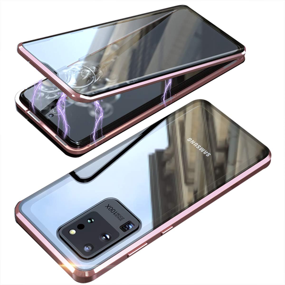 Galaxy S20 Plus 5G Double Sided Tempered Glass Magnetic Case 360° Full Body [Magnetic Adsorption] Aluminium Alloy Metal Bumper Protection Clear Cover for S20+ 6.7 inch 2020 (RoseGold, Galaxy S20 Plus)