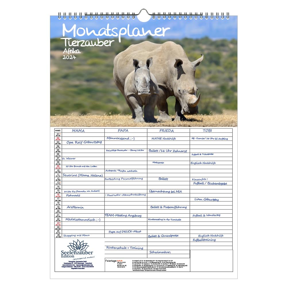 Tierzauber Africa Wall Planner Family Planner 4 Column Planner A3 Calendar for 2024 Various Animals from Africa Seelenzauber