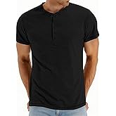 LIFROWI Men's Henley Short Sleeve Shirts Casual T-Shirts Button Top Summer Soild Basic Tee