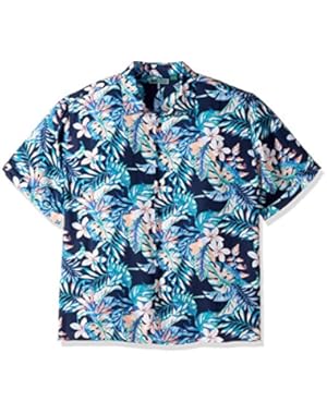 Men's Short Sleeve 100% Rayon Point-Collar Tropical Floral Print Shirt