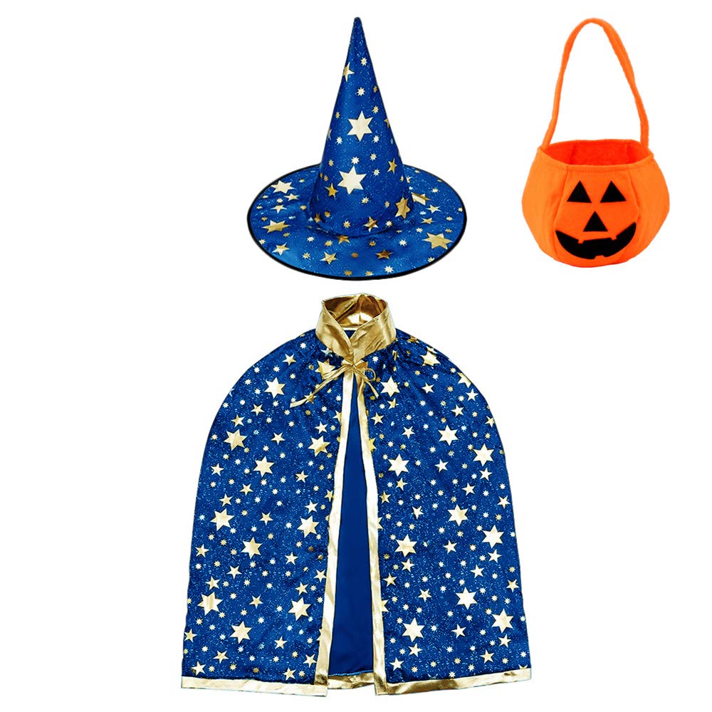 Jeackcelle Wizard Cape Witch Cloak With Hat, Pumpkin Candy Bag, Halloween Costumes Props for Kids Cosplay Party (Blue)