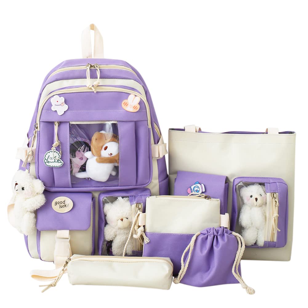 LYEAA 5Pcs Canvas School Backpack Combo Set, Kawaii School Backpacks for Girls Student Laptop Bookbags Cute Aesthetic Travel Backpack(Purple), 43x30x13cm
