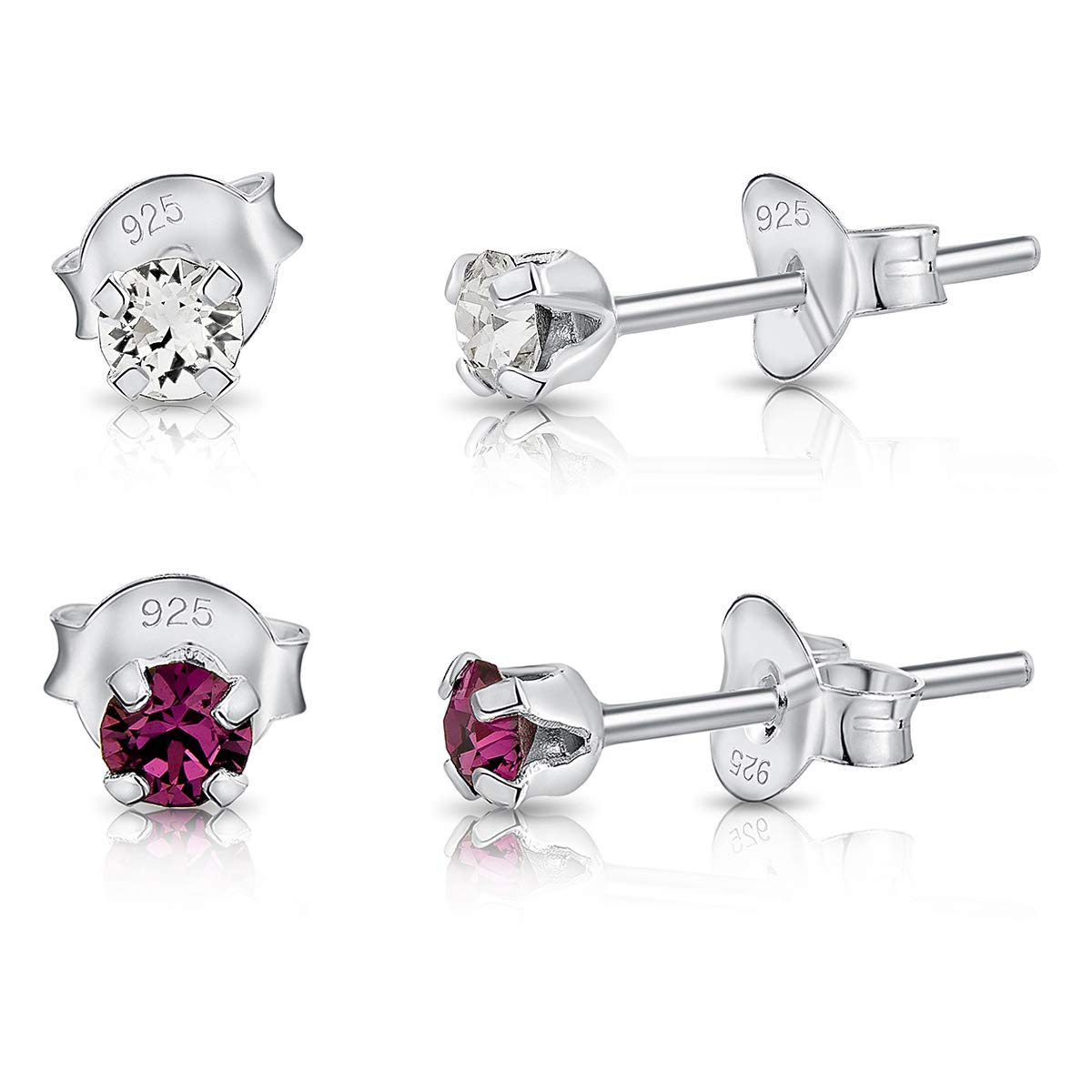 DTPSilver - Set of 2 PAIRS of 925 Sterling Silver Round TINY Stud Earrings made with Glittering Crystals from Swarovski® Elements - Diameter: 3 mm - Colour : Purple Amethyst