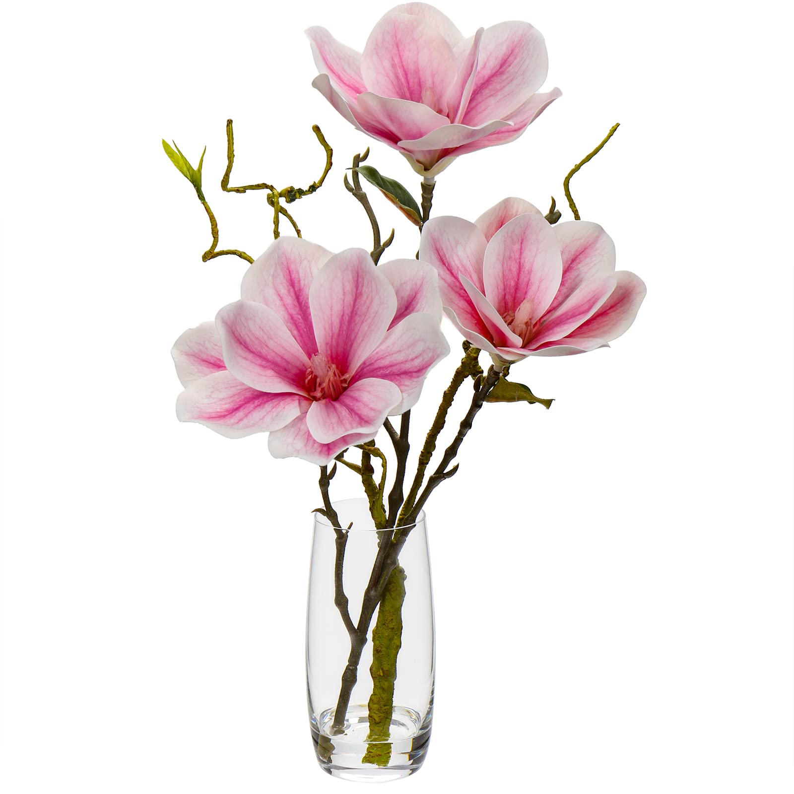 Oairse Artificial Magnolia Flower in Vase Real Touch Fake Flower in Glass Vase with Faux Water Pink Silk Flowers Faux Magnolias Flora Arrangement for Home Office Wedding Table Centerpiece Decoration