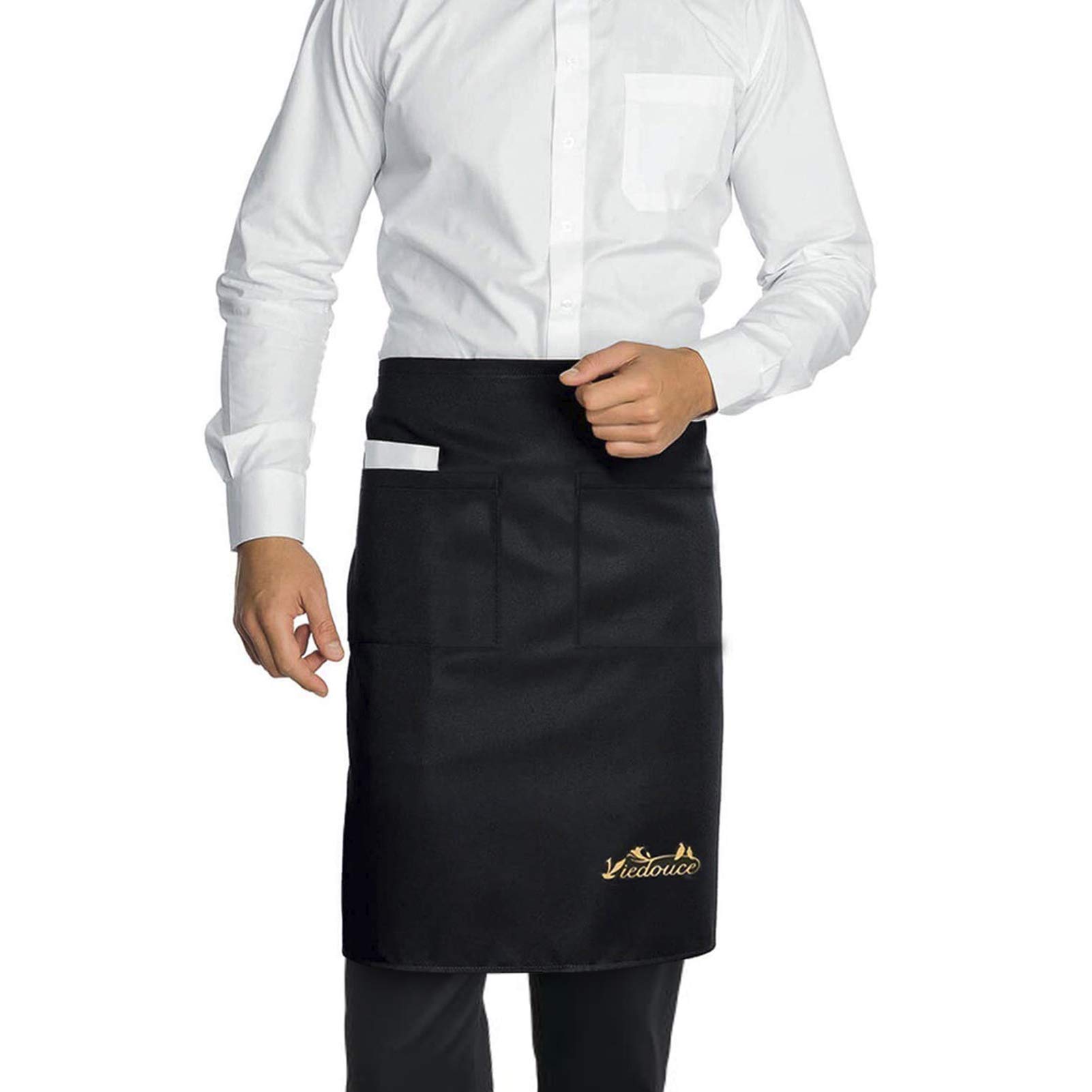 Viedouce 2 x Kitchen Aprons, Low Waist Waterproof Apron with 2 Pockets for Restaurant Chef Waiter, Barista Barbecue, Café, Chef Apron, Apron for Men, Women (Black)
