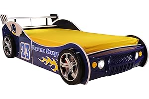 LKTART Twin Size Bed for Kids, Race Car-Shaped Wooden Platform Bed Frame with Headboard Wheels and Support Slats for Boys Toddlers Child's Bedroom (Blue)