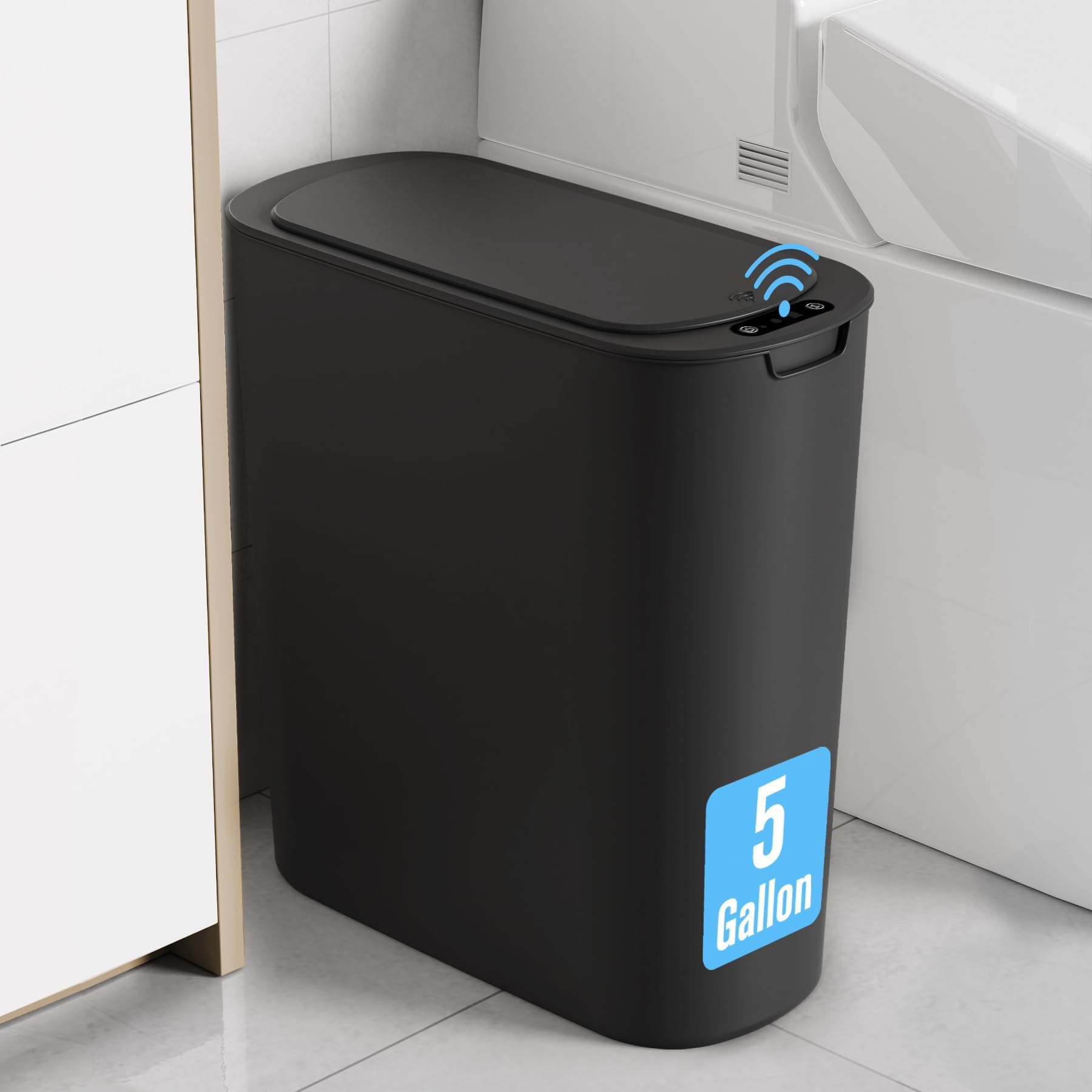 Photo 1 of Cesun Motion Sensor Trash Can, 5 Gallon Automatic Bathroom Garbage Can with Lid, Touchless Smart Plastic Slim Wastebasket for Bathroom, Office, rv, Bedroom, Living Room, Black