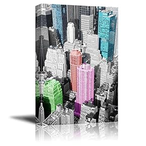 Black and White Photograph of The City with Pops of Color on The Buildings - Canvas Art Home Art - 12x18 inches