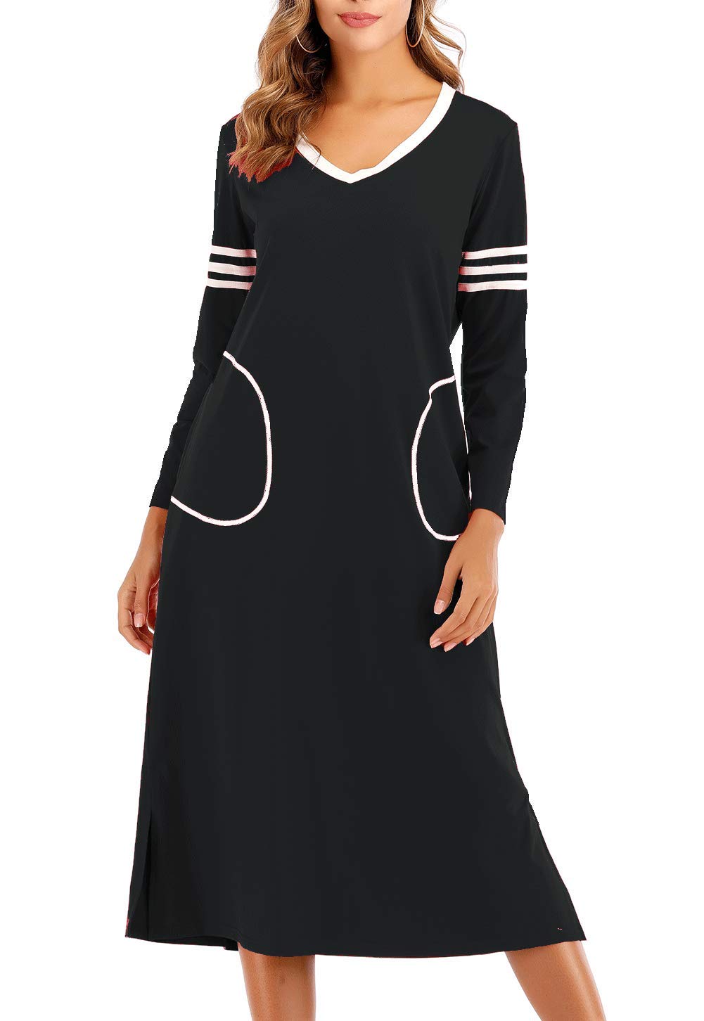 AOVXO Long Nightgown Womens V Neck Long Sleeve Nightshirt Ultra-Soft Cotton Fabric Split Hem Design with 2 Side Deep Pockets (Black, 2XL)