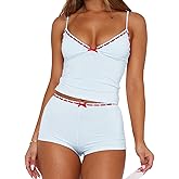 RUEWEY Women 2 Pieces Pajamas Set Bow Loungewear V-Neck Sleeveless Cami Tops and Shorts Sleepwear Outfits