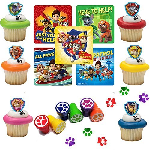 Paw Patrol Party Favors for 12: 12 Paw Patrol Cupcake Toppers, 36 Paw Patrol Stickers, 12 Paw Print Stampers
