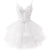 Zeeyecie Tiered Tulle Homecoming Dresses Sparkly Lace Applique Beaded Short Prom Dress for Teens Quinceanera DAMA Dress