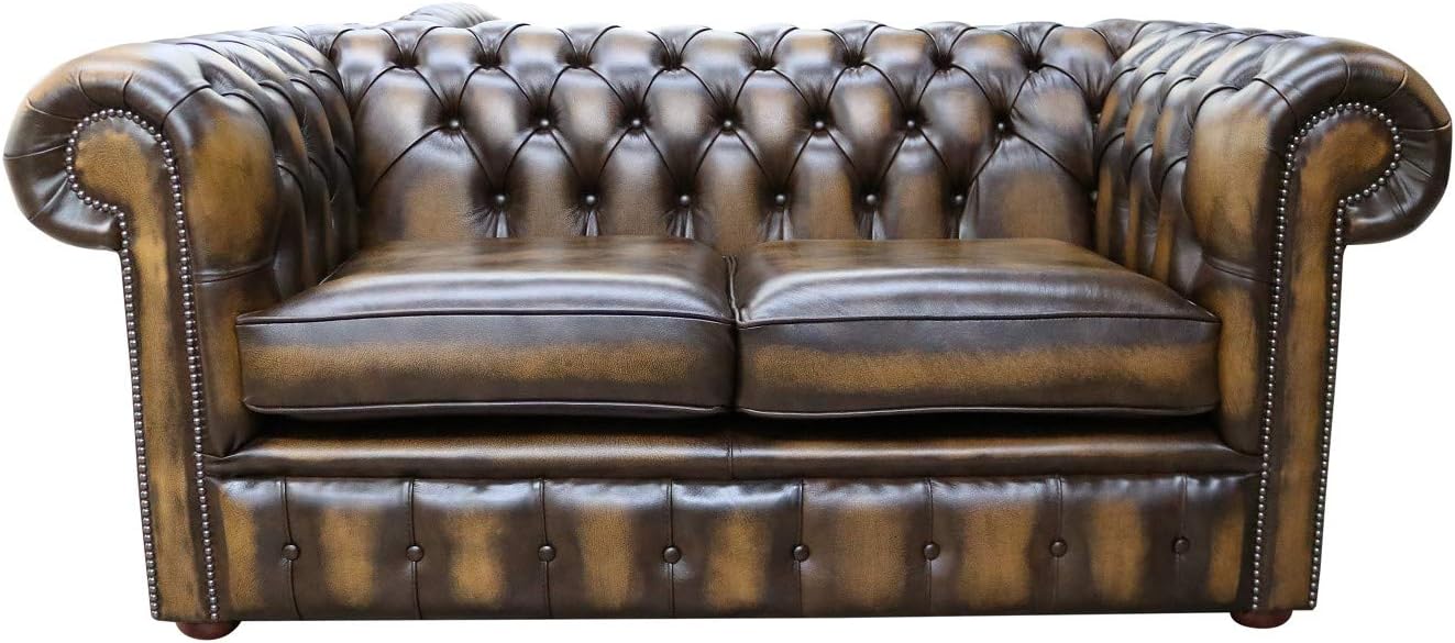 Chesterfield Handmade 2 Seater Antique Gold Real Leather Sofa