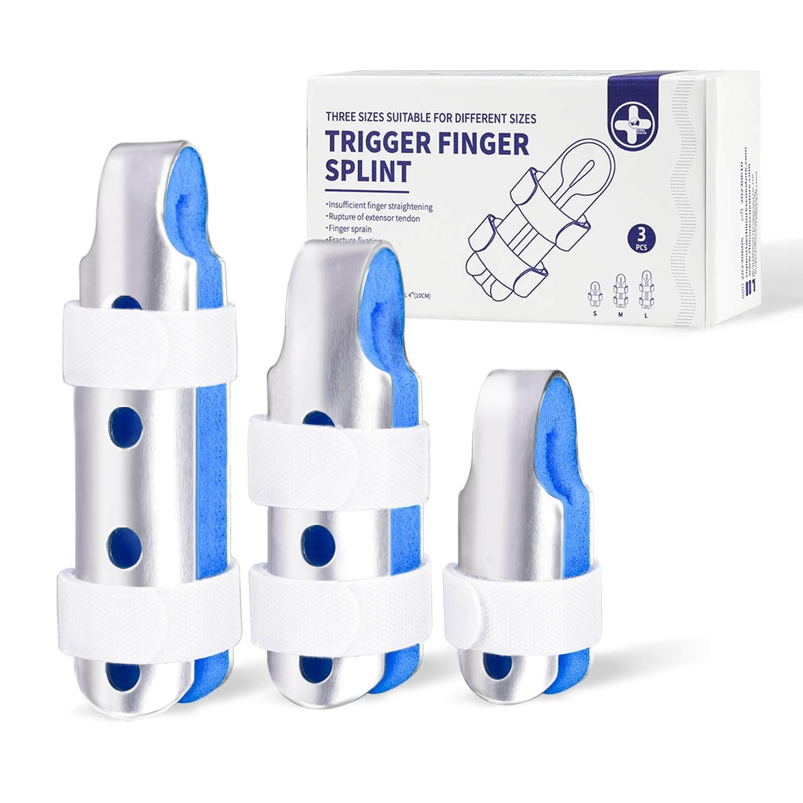 RHINO RESCUE Finger Splint, Set of 3 Sizes Broken Thumb & Finger Brace Support, Metal Stabilizer for Fractures, Strains, Sprains & Arthritis Pain Relief Adults & Children