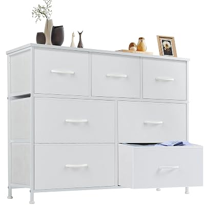 Sweetcrispy 7 Drawer Dresser Storage Organizer with Fabric Bins, Sturdy Steel Frame and Wood Top, Easy Pull Handles, for Bedroom Closet Hallway Entryway,White