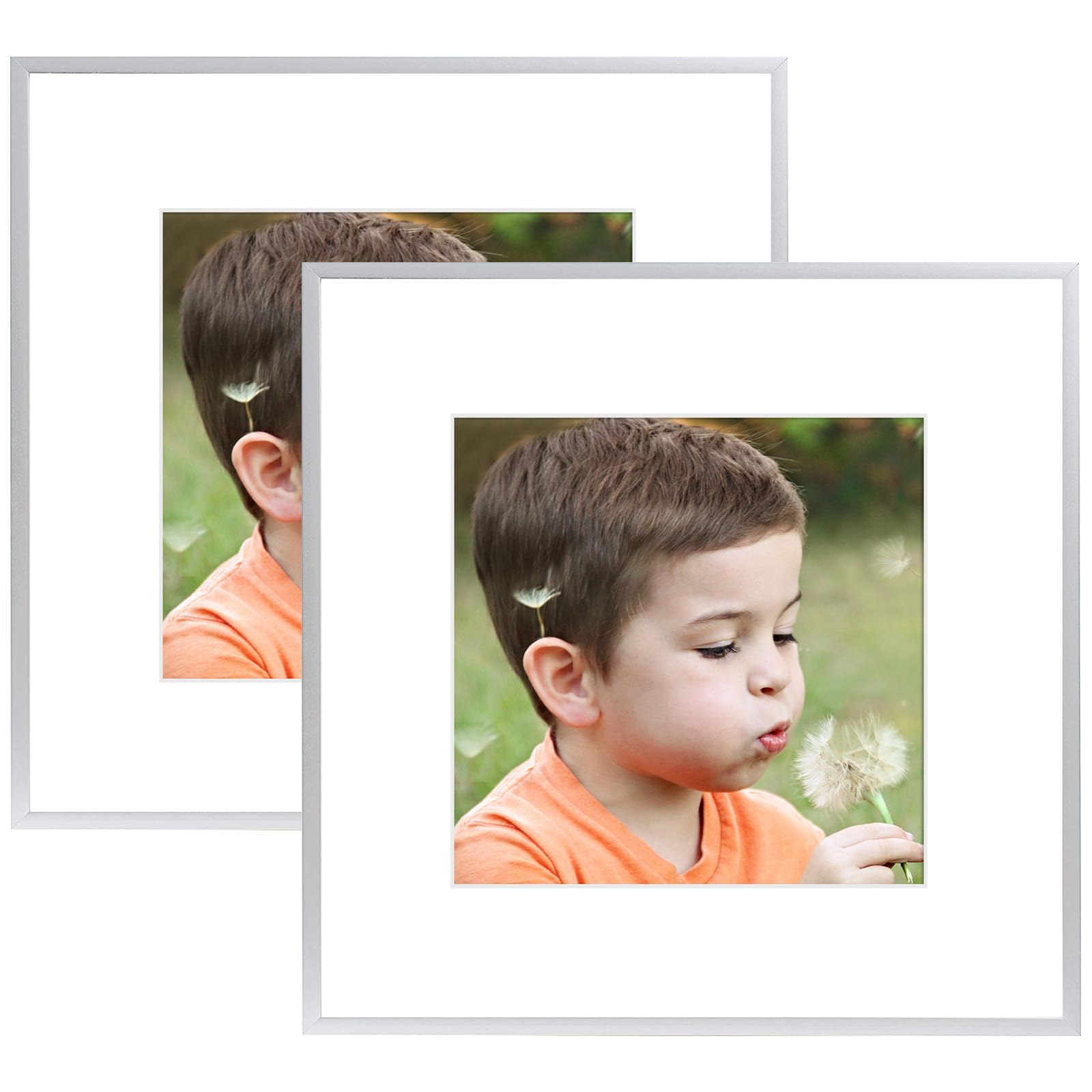 Frametory, 12x12 Silver Aluminum Picture Frame - Set of 2 - Ideal for Displaying 8x8 Photos with Mat or 12x12 Without Mat - Real Glass Front - Simple Gallery Wall Frames for Art Prints and Posters