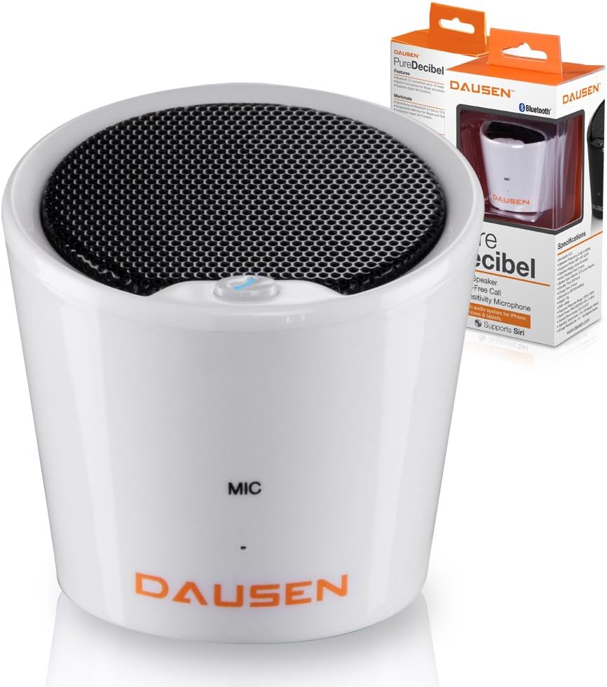 Ultra Compact Pure Decibel White Bluetooth Speaker, Minimalist Design, by Dausen with Siri Support for iPhone, iPad and Bluetooth Enabled Phones