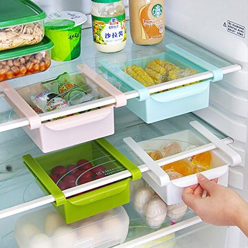 Fridge Storage Sliding Drawer, Hineway Refrigerator Organizer Space Saver Shelf (Blue, 4 Piece)