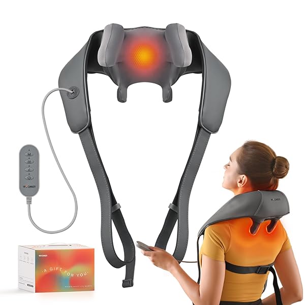WOOMER NECK MASSAGER WITH HEAT FOR PAIN RELIEF DEEP TISSUE—VITALITY & RELAX MODES, 2 INTENSITY&HEATING LEVELS, FOR NECK, BACK, SHOULDER, LEGS, WEARABLE BACKPACK DESIGN, GIFT BOX
