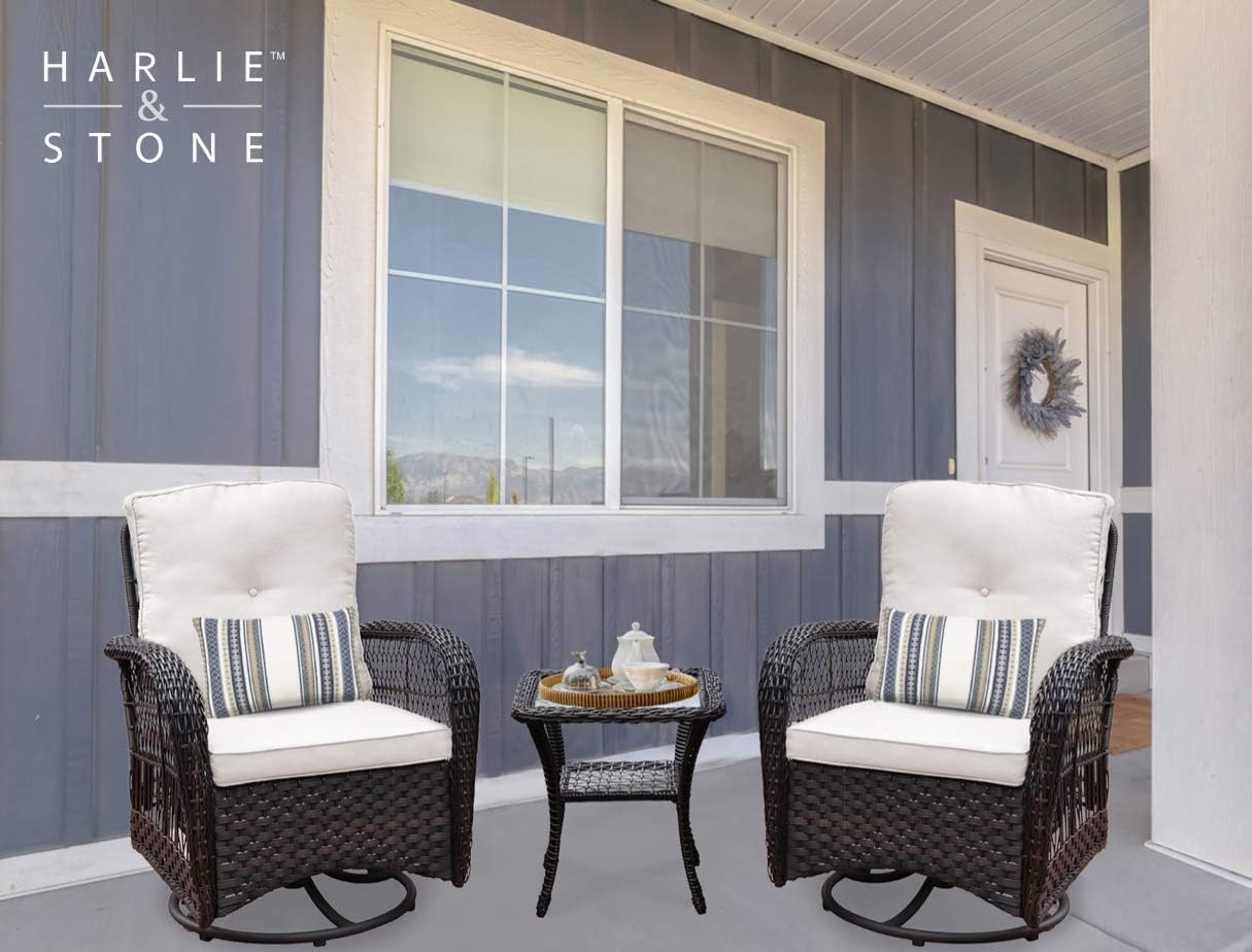 Harlie & Stone Outdoor Swivel Rocker Patio Chairs Set of 2 and Matching Side Table - 3 Piece Wicker Patio Bistro Set with Premium Fabric Cushions: Kitchen & Dining