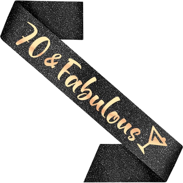 Photo 1 of PartyForever 70th Birthday Sash 70 and Fabulous Decorations for Her Made of Black Glitter Fabric with Rose Gold Letters for Women