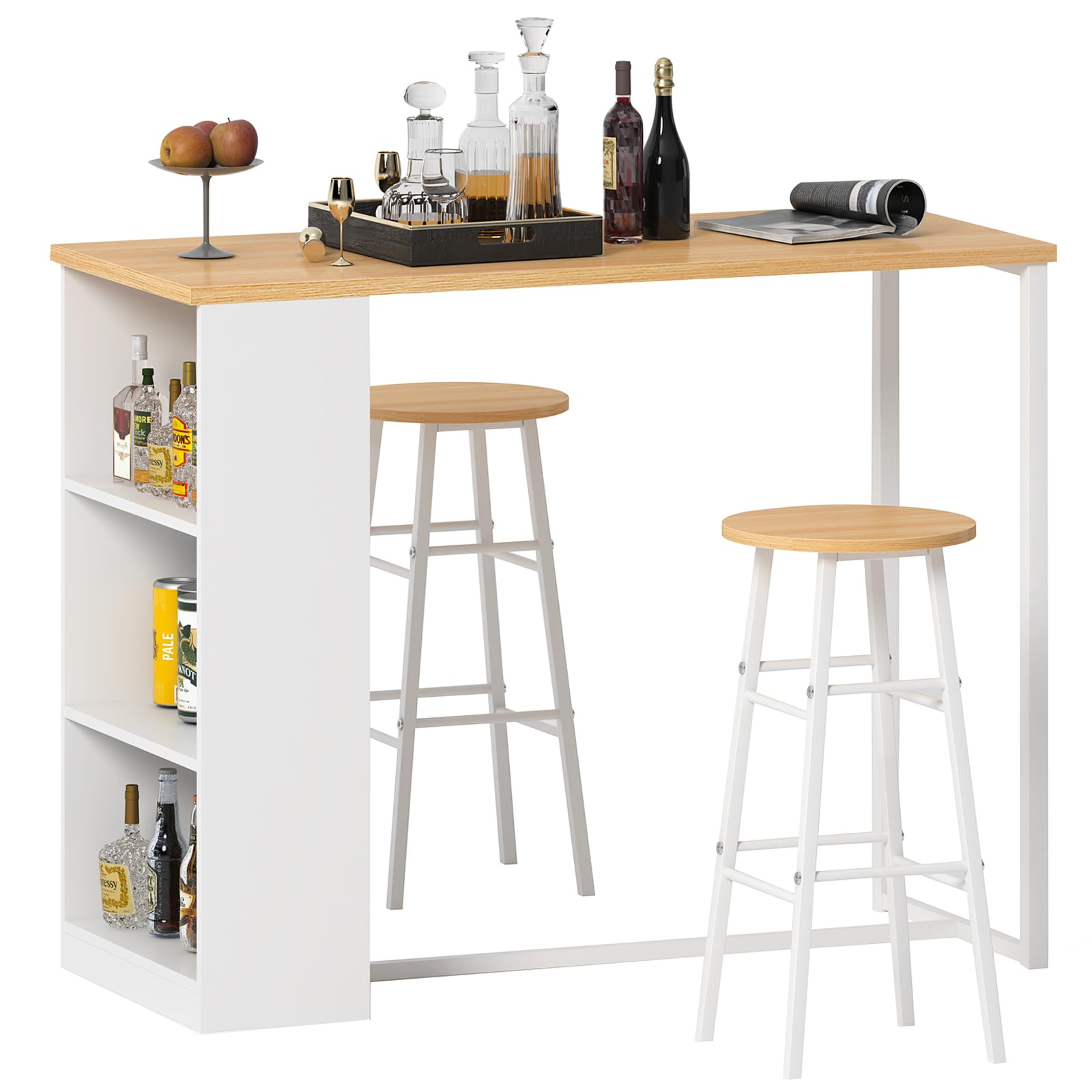 sogesfurniture Kitchen Bar Counter Table Bistro Table Breakfast Dining Table Coffee Table With White Metal Frame and 3-Tier Storage Rack for Beverage Display Shelving, BHEU-GCBG1022