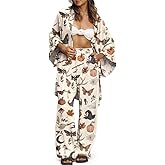 CORAMOON Women Witchy Pumpkin Winter 2 Piece Set Casual Comfy Halloween Lounge Outfit Boho Wide Leg Pants Set WIth Pockets