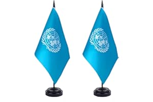 JBSJBS United Nations Desk Flag 12" Solid Pole Deluxe Set United Nations Flags Banner Mini Small United Nations Office Table Flags with Black Stand Base Desktop Decorations(2Pack)