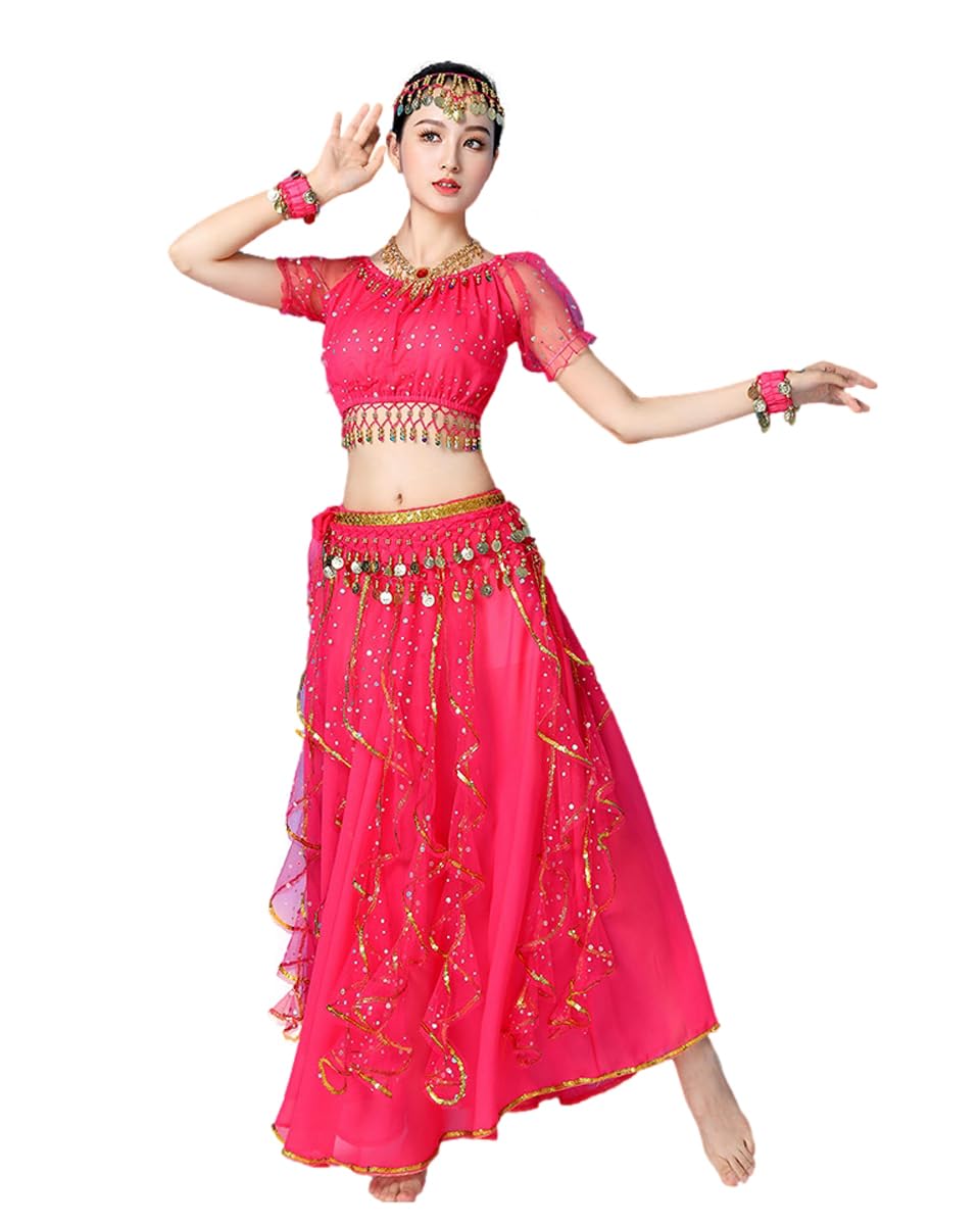 Bollywood Indian Womens Arabian lace Ribbon Belly Dance 3-Piece Dress Girl Costume (top/Skirt/Belt Scarf) (Pink, M) — image 1