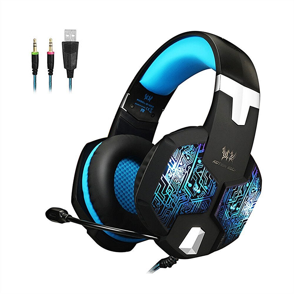 KSCAT G1000 Gaming Headset Kopfhörer USB/Klinken-Stecker Mikrofon LED Effekt für PC Film Gaming Spielen Chat Musik (Blau1)
