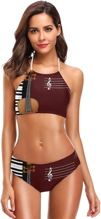 Bikini halter para mujer, traje de baño de piano, violín, nota musical
