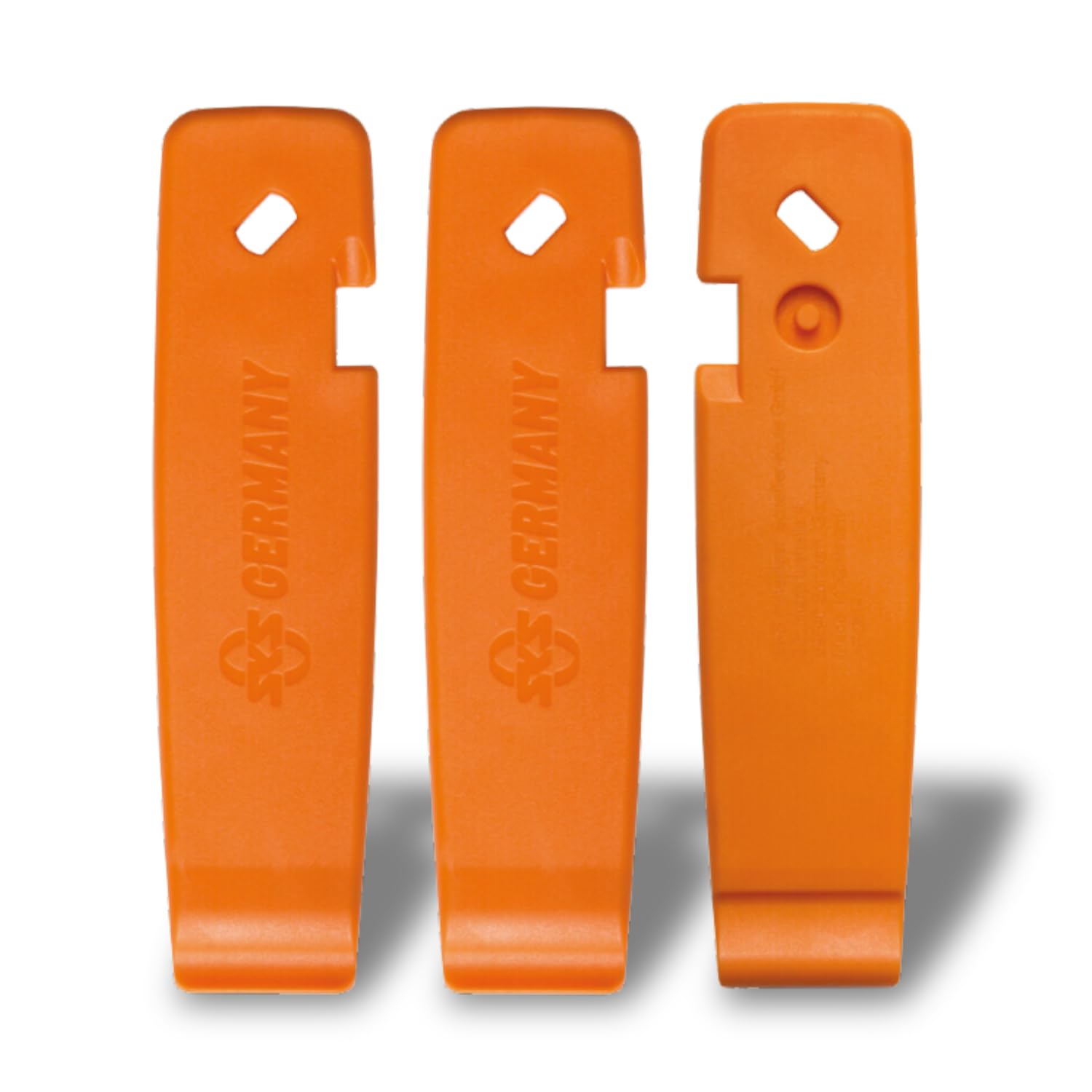 SKS GERMANY LEVERMEN tyre levers set of 3 bicycle accessories (sturdy high-performance plastic, incl. SV spanner and AV bleeder, notch for fixing to the spoke, made in Germany), orange.