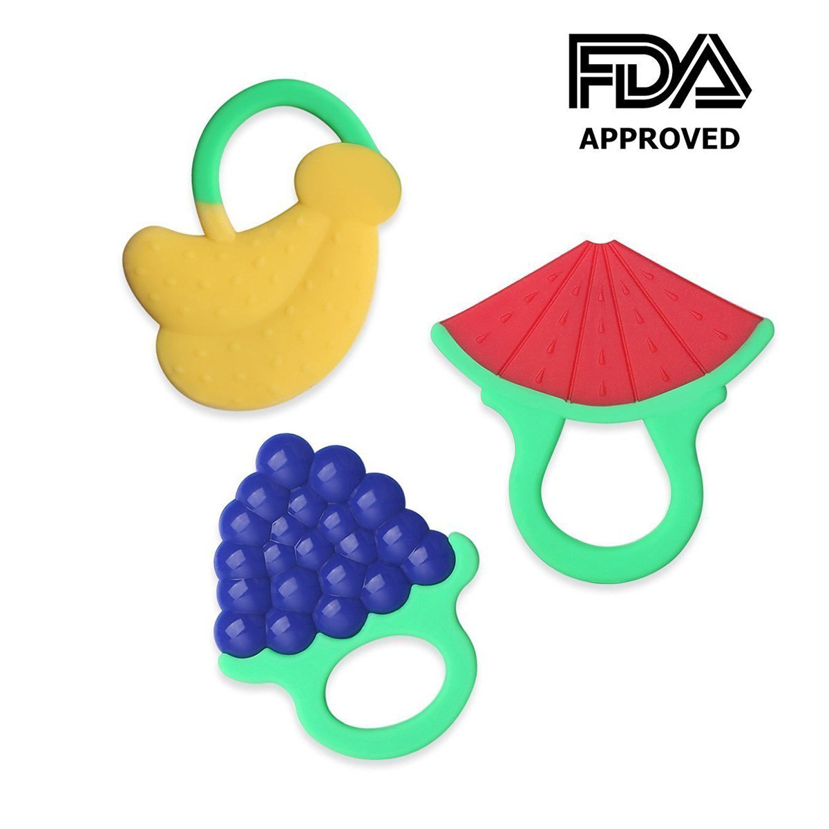 Zakitane Baby Fruit Teether Teething Toys Chewable Silicone Teethers with Rings Infant Toddler Teething Pain Relief BPA Free Set of 3 Watermelon Bananas and Grapes