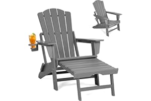 LETKIND Folding Adirondack Chair with Retractable Ottoman,All Weather Fire Pit Chairs with Cup Holder,Outdoor Chair with Ottoman,Grey