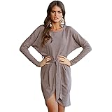 VENAS Womens Casual V Neck High-Low Hem 3/4 Batwing Sleeve Elegant Shirt Dress with Belt
