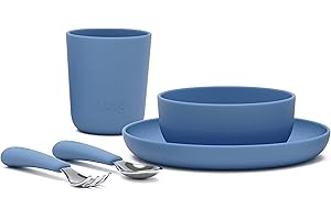 Lalo Big Bites Kids Dinnerware Starter Set - Dishwasher Safe, BPA Free, Kids Tableware Set - Includes Stackable Bowl, Plate, Utensils & Cup - 5 Pieces - Blueberry
