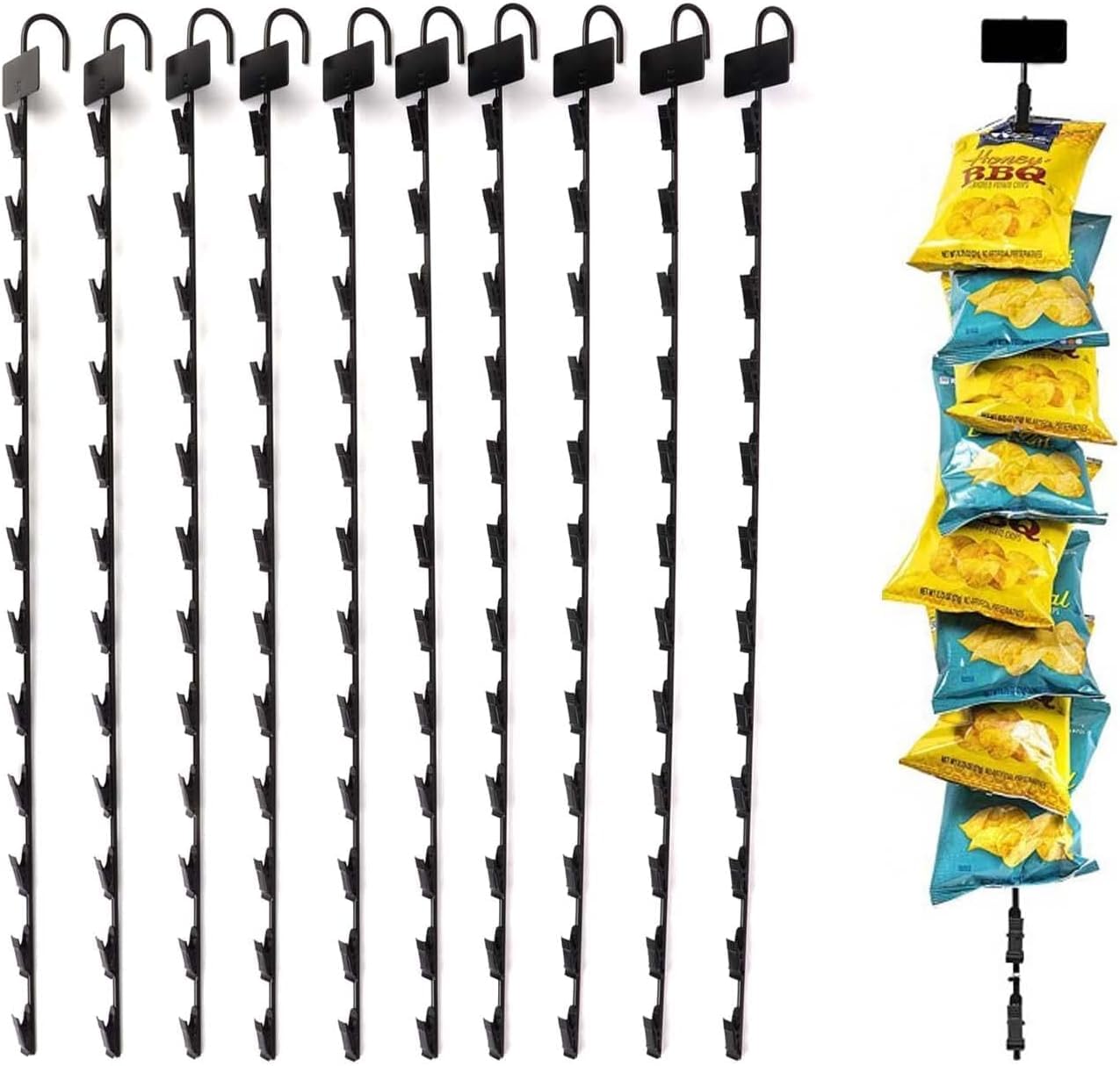 lesolar 10 Pack Metal Hanging Merchandise Strips with Hooks,31" Snacks Hanging Strips Retail Display Stand, Snack Rack Chips Bag Holder with Label Header and 12 Clips for Concession and Pantry