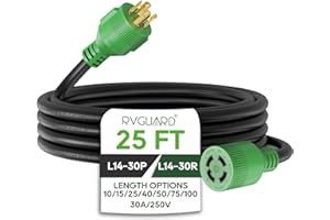 RVGUARD 4 Prong 30 Amp 25 Foot Generator Extension Cord, NEMA L14-30P/L14-30R, 125/250V Up to 7500W 10 Gauge SJTW Generator C