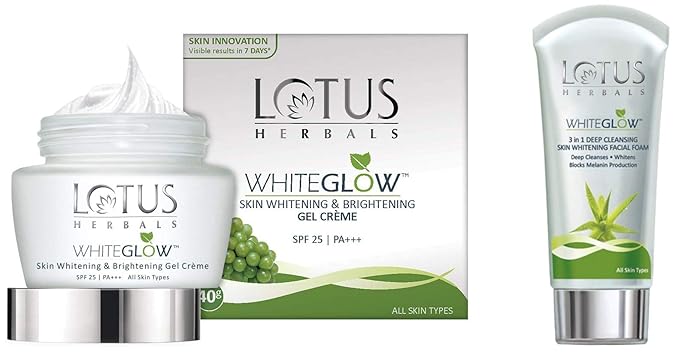 Lotus Herbals Whiteglow Skin Whitening And Brightening Gel Cream, SPF-25, 40g and Lotus Herbals Whiteglow 3-In-1 Deep Cleansing Skin Whitening Facial Foam, 100g