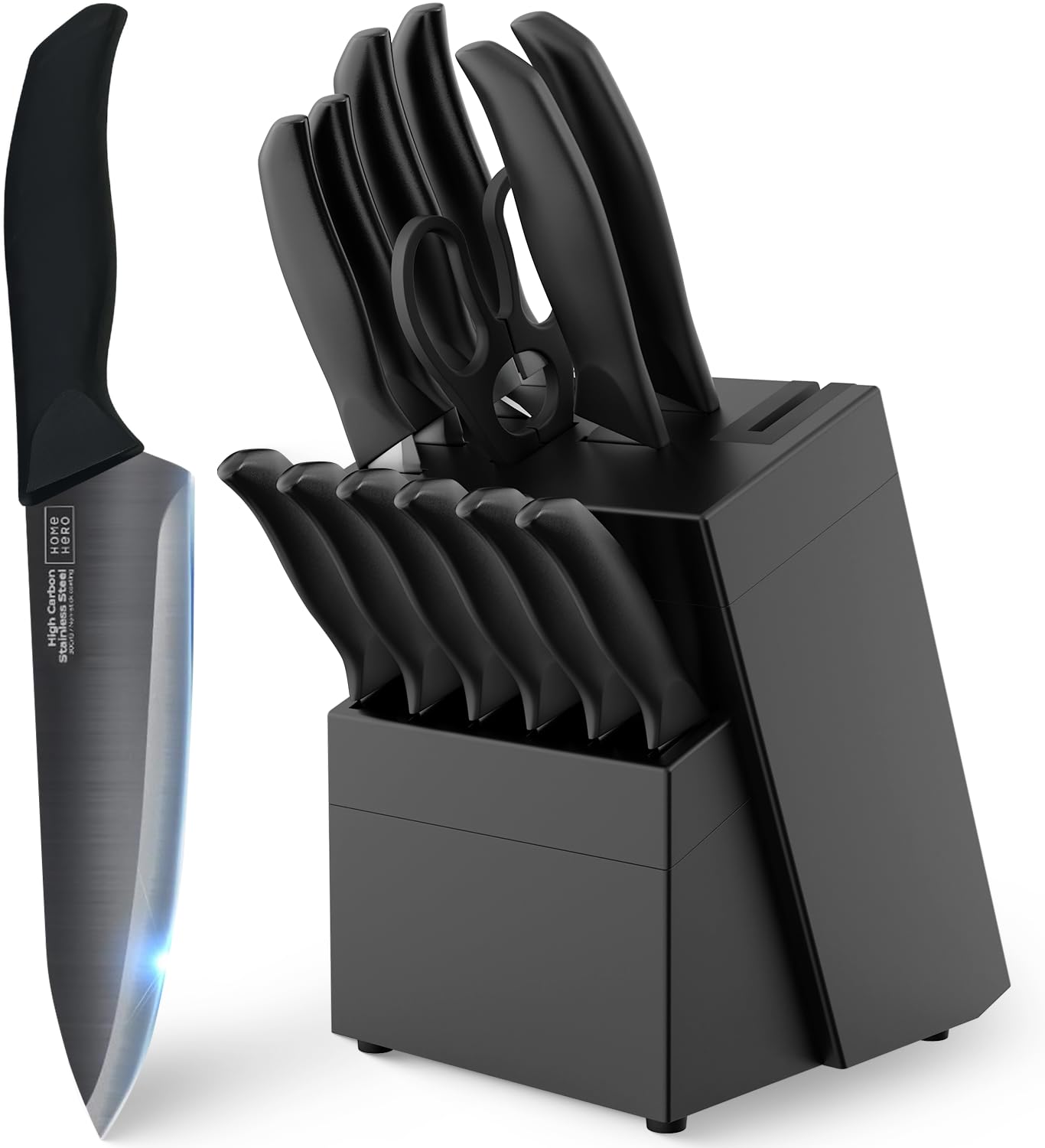 Home Hero Kitchen Knife Set - 15 PCS Black Knife Set with Block and Sharpener - Stainless Steel Knife Set - Ergonomic Handles - Includes Steak Knives Set of 6 - Knife Block Set for Kitchen Image
