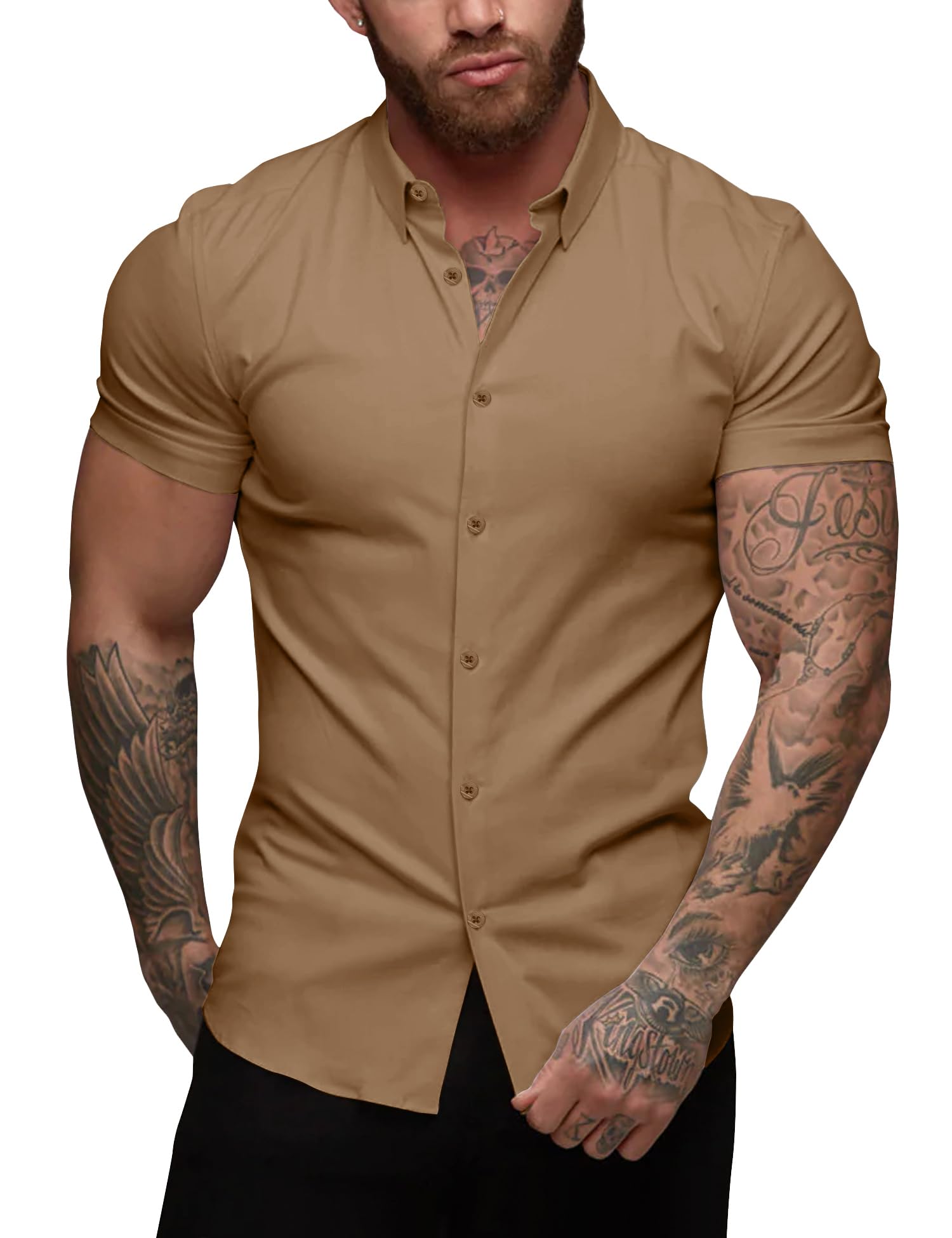 Photo 1 of URRU Men's Muscle Dress Shirts Slim Fit Stretch Short Sleeve Casual Button Down Shirts for Men, Brown, X-Large