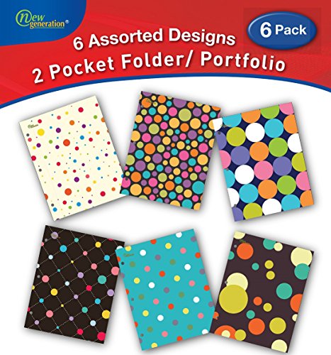NEW GENERATION - Polka Doty 2 Pocket Folder Letter Size with 3 Hole Punch to use with Your Binder Heavy Duty High Glossy Finish Laminated Folders - Assorted 6 Fashion Designs,Great for School, Home,