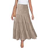 HAEOF Women's Summer Flowy Boho Maxi Skirt Trendy Smocked Waist Ruffle Tiered A Line Casual Beach Long Skirts Midi Dress