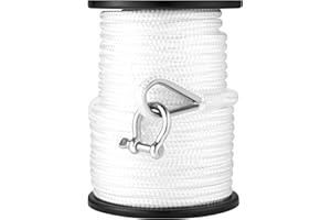 Moclear Premium Marine-Grade Boat Anchor Rope - 3/8" x 100' Strength-Tested Double Braided Nylon Line with Corrosion-Resistant Stainless Steel Thimble & Shackle | Heavy-Duty Anchoring Rope (White)