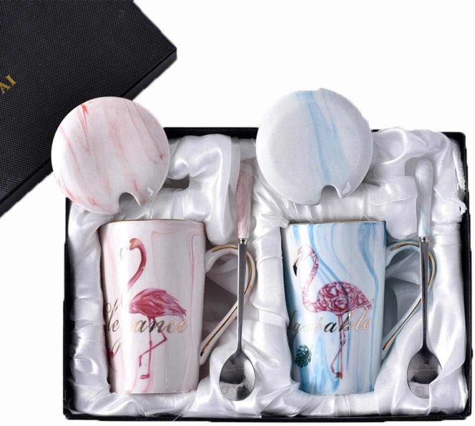 HMShun Mug Coffee Cup Ceramic with lid Spoon Cup Wedding Wedding Gift Box Set Couple Pair of Cups a Pair of Cups@Flamingo 1