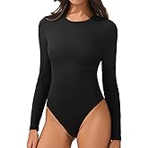 AFITNE Women’s Crew Neck Long Sleeve Bodysuit Basic Trendy Tummy Control Double Lined Thong Body Suit Tops Shirts