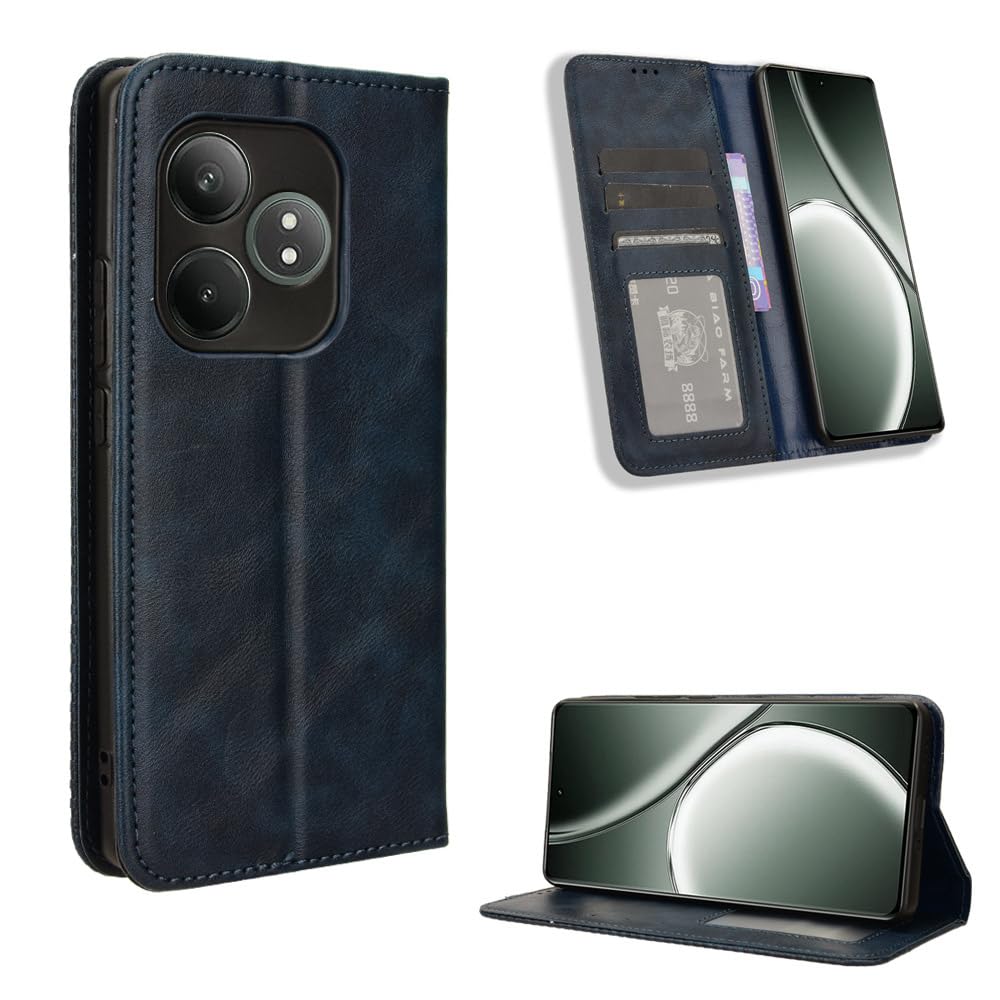 COMAKU Compatible with Realme GT 6T Case Leather - Flip Cover Protection magnetic Phone Case wallet with Card Holder - Blue